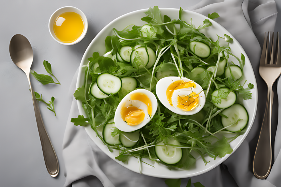 Салат с рукколой, яйцом и огурцом